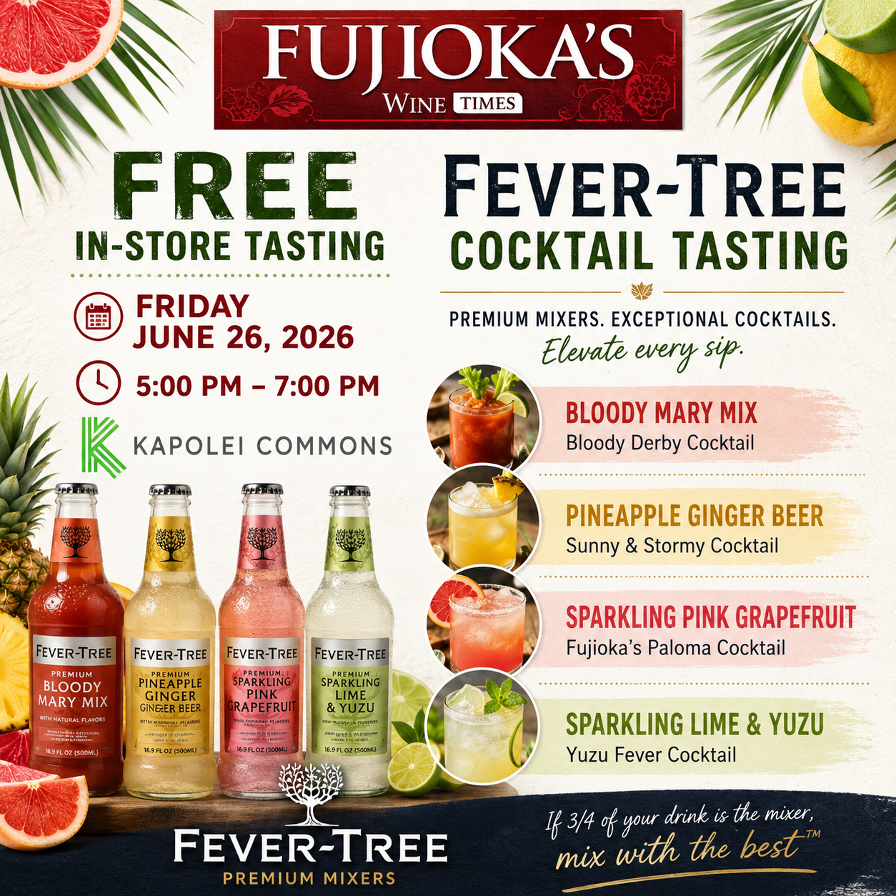 Free in-store Fever-Tree cocktail tasting event flyer at Kapolei Commons featuring premium mixers and cocktails