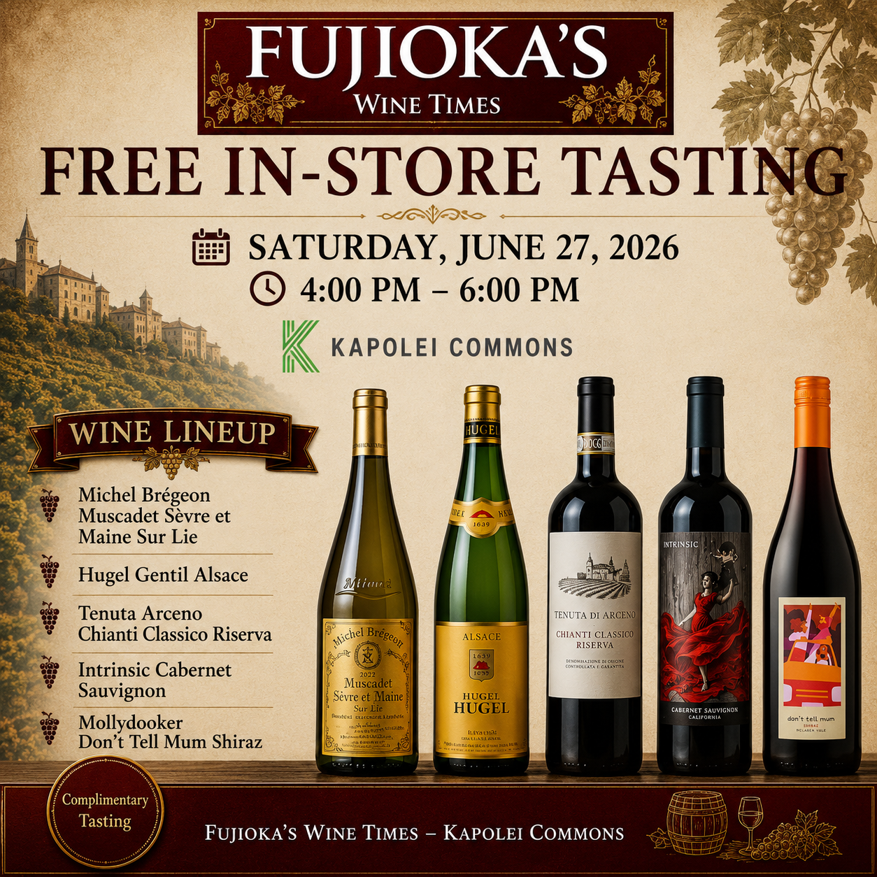 Free in-store wine tasting flyer at Kapolei Commons featuring a curated international wine selection