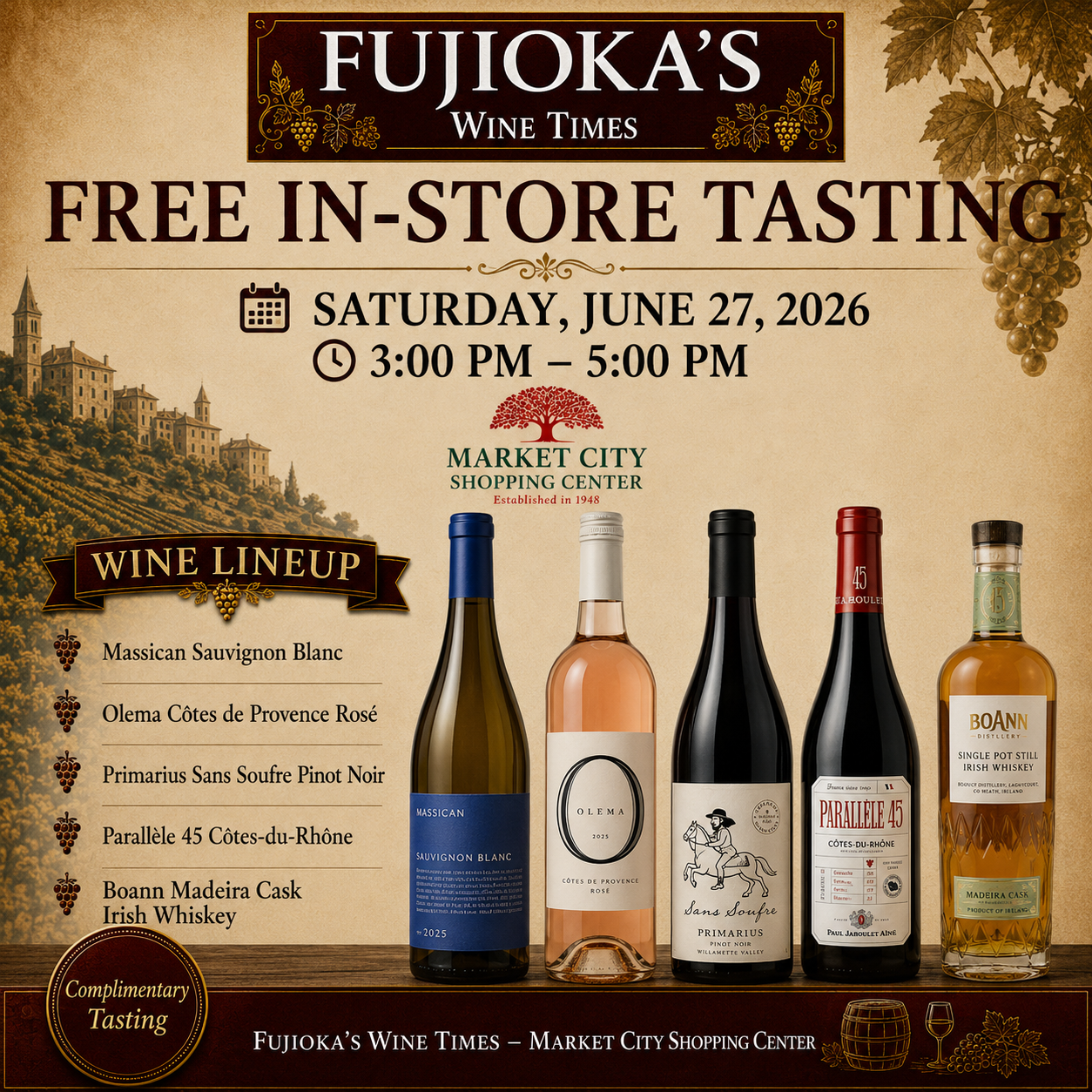 Free in-store wine tasting flyer at Market City Shopping Center featuring a curated selection of wines and Irish whiskey