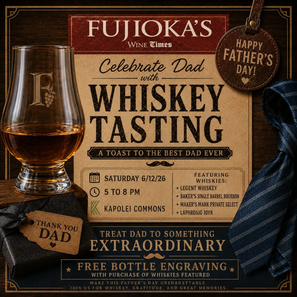 Father’s Day Whiskey Tasting and Bottle Engraving flyer for Fujioka’s Wine TIMES at Kapolei Commons on June 12, 2026