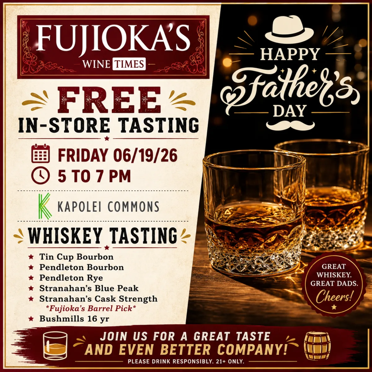 Free In-Store Whiskey Tasting Father’s Day flyer for Fujioka’s Wine TIMES at Kapolei Commons on June 19, 2026