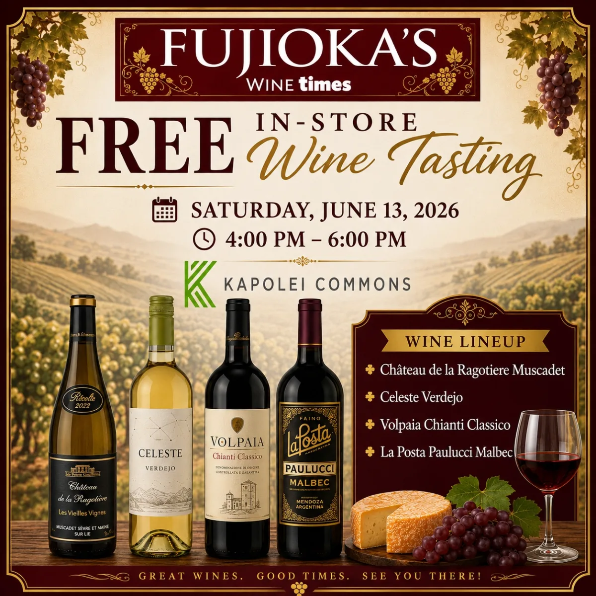 Free In-Store Wine Tasting flyer for Fujioka’s Wine TIMES at Kapolei Commons on June 13, 2026