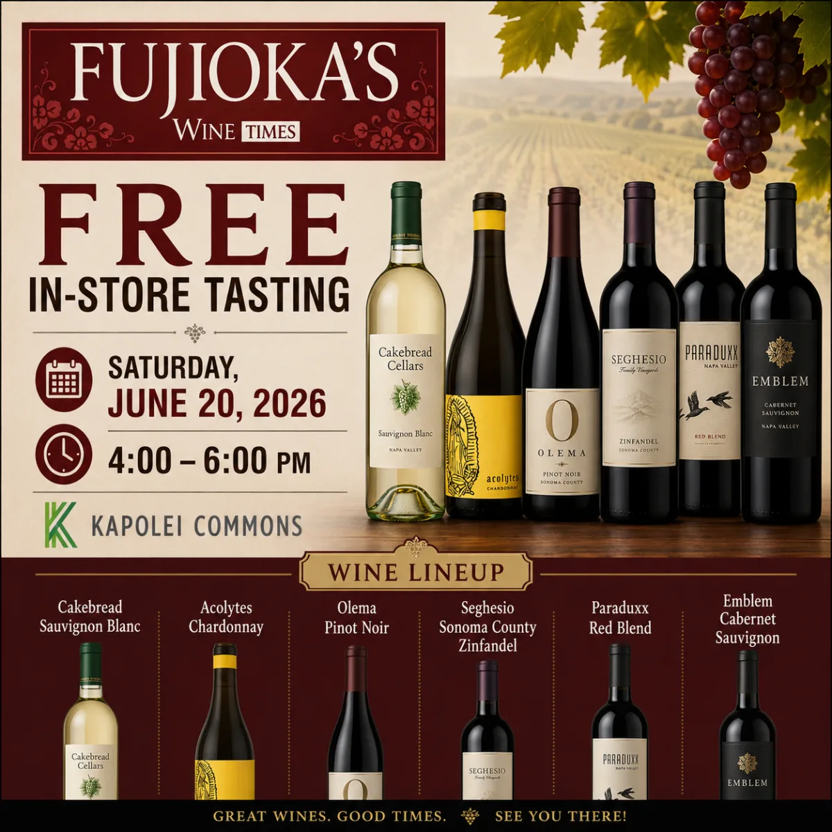 Free In-Store Wine Tasting flyer for Fujioka’s Wine TIMES at Kapolei Commons on June 20, 2026