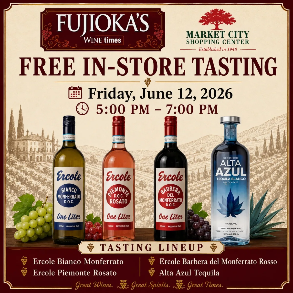 Free In-Store Tasting flyer for Fujioka’s Wine TIMES at Market City on June 12, 2026