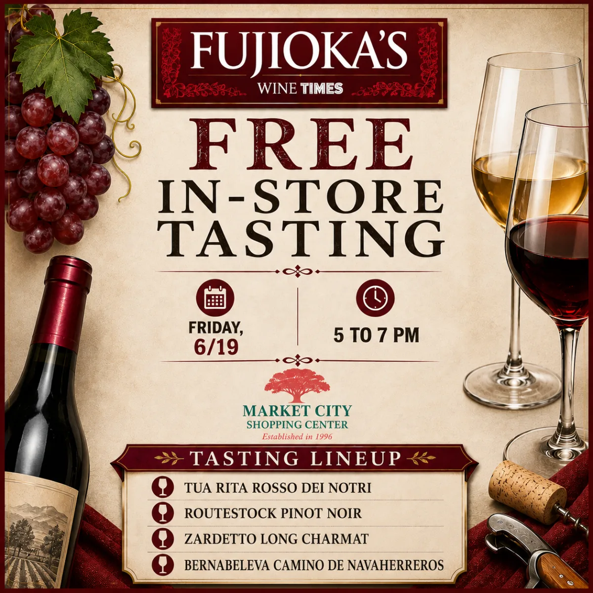 Free In-Store Wine Tasting flyer for Fujioka’s Wine TIMES at Market City on June 19, 2026