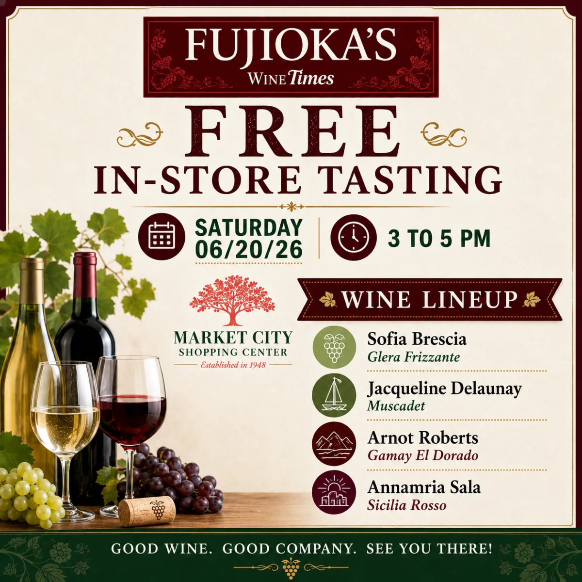 Free In-Store Wine Tasting flyer for Fujioka’s Wine TIMES at Market City on June 20, 2026