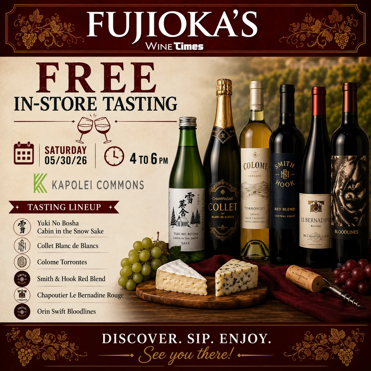 Free in-store wine tasting at Fujioka’s Wine TIMES Kapolei Commons on May 30, 2026
